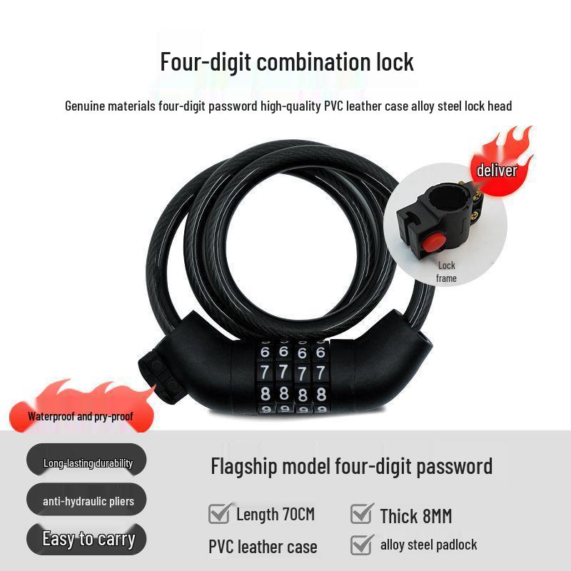 Mountain Bike Anti-theft Combination Lock - Portable Steel Chain Cable Bicycle Lock