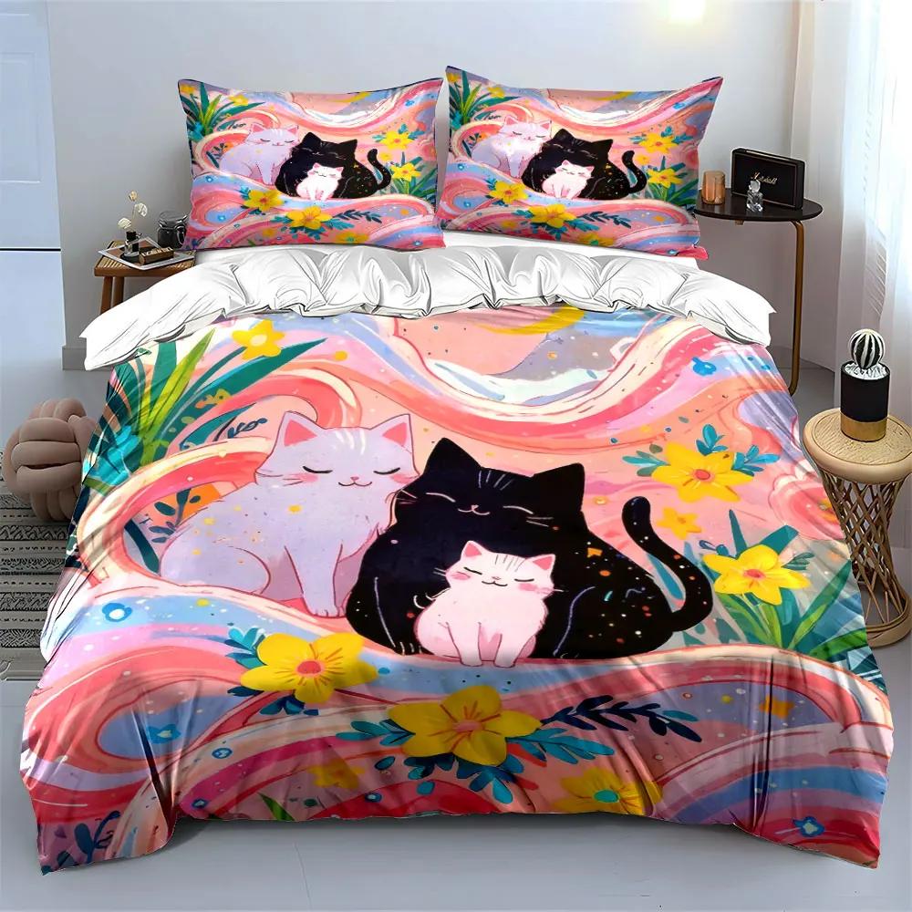 Colorful Cat Family Decor Set Soft Comfortable Duvet Cover Bedding Set Included 1*Duvet Cover & 2*Pillowcases Gift