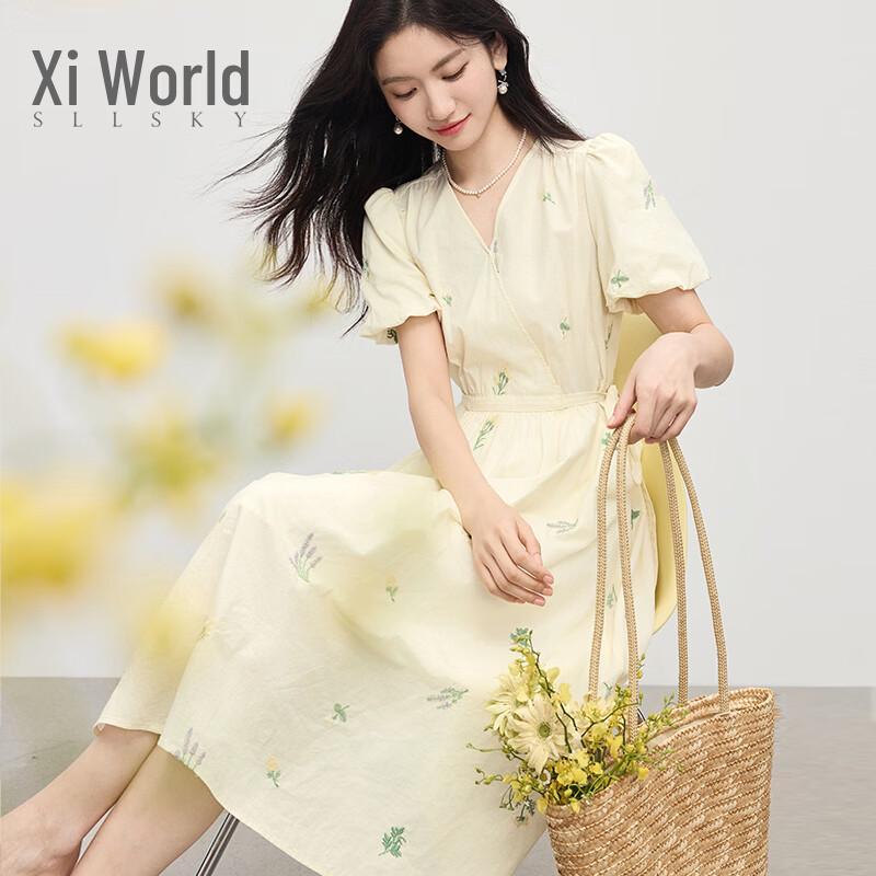 SLLSKY Embroidered V-Neck French Style A-Line Dress 2XL