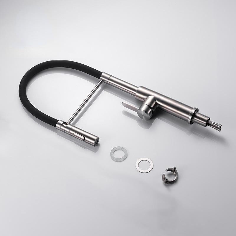 304Brushed Stainless Steel Universal Rotating Kitchen Faucet Black Hose Silicone Pull Hot and Cold Water Tank Faucet Sink Faucet