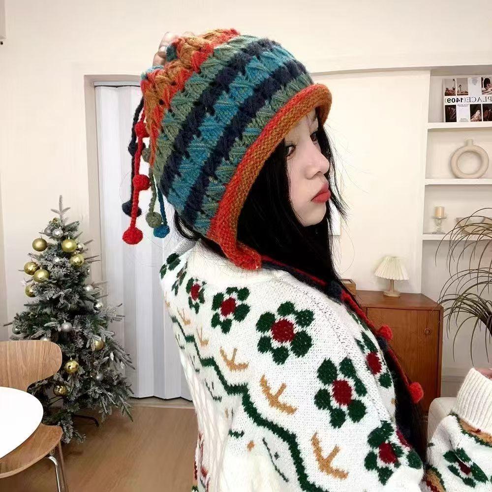 Women's Wool Hat for Autumn and Winter Ear Protection Goggles Dopamine Rainbow Handmade Crochet Color Ball Knit Hat Showing Small Face