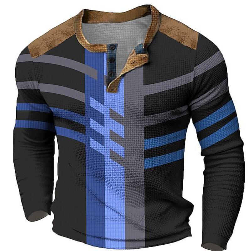 Unregelmäßiges Herren-T-Shirt mit 3 Knöpfen und Digitaldruckmuster, bequeme Polyesterfaser für Frühjahrs- und Herbstbekleidung, tägliche Outdoor-Bekleidung