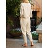 Fall Style Casual Hemp Two-piece Loose Waist Tie Fashion Color Long-sleeved Sports Suit for Women