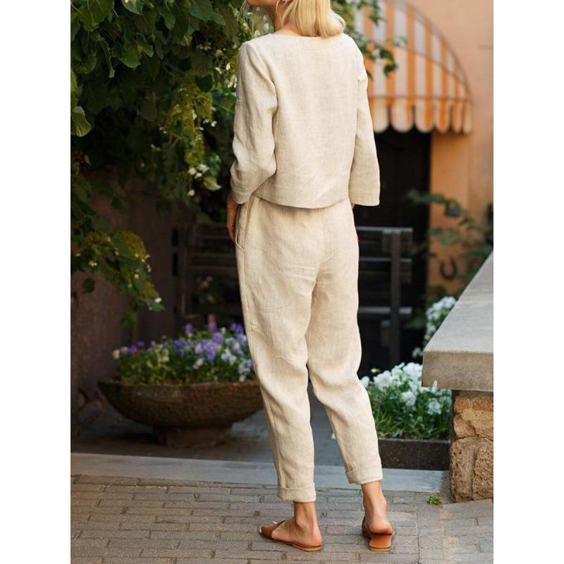 Fall Style Casual Hemp Two-piece Loose Waist Tie Fashion Color Long-sleeved Sports Suit for Women