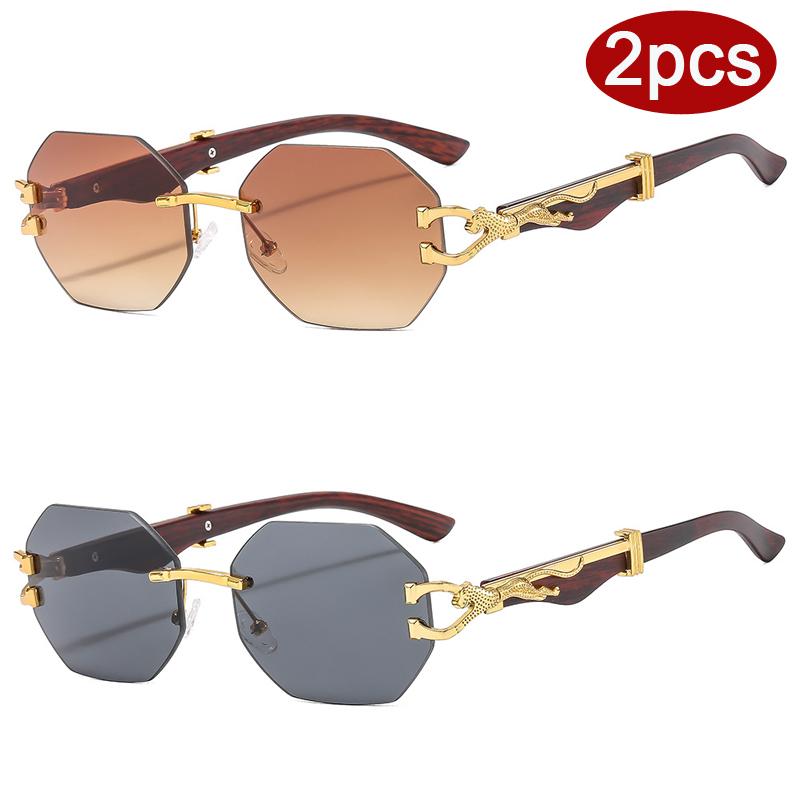 Protective Glasses 2pcs Rimless Polygon Women Sunglasses Leopard Decoration Wooden Leg Sun Glasses Gradient Design Eyewear UV400