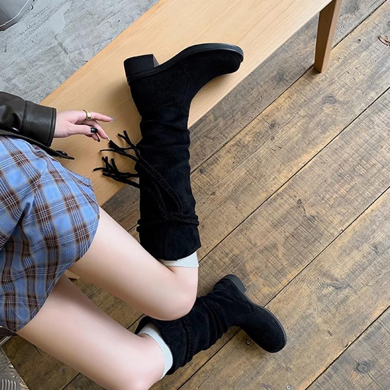 Retro round head wasteland wind fringed knight boots women's 2025 new thick heel but knee thin pile boots