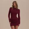 Women's Slim-Fit Pleated Dress: Long Sleeve, Waist-Cinching, Solid Color, Hip-Hugging Design