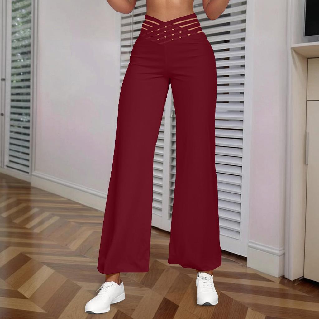 Damenhose mit hohlem Gürtel, Temperament, Schlaghose, hohe Taille, lässige Hose mit weitem Bein