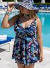 Costum de baie european și american Plus Size pentru femei, din două piese, tip tankini cu palmier, cu fustă și slip cu șnur imprimat