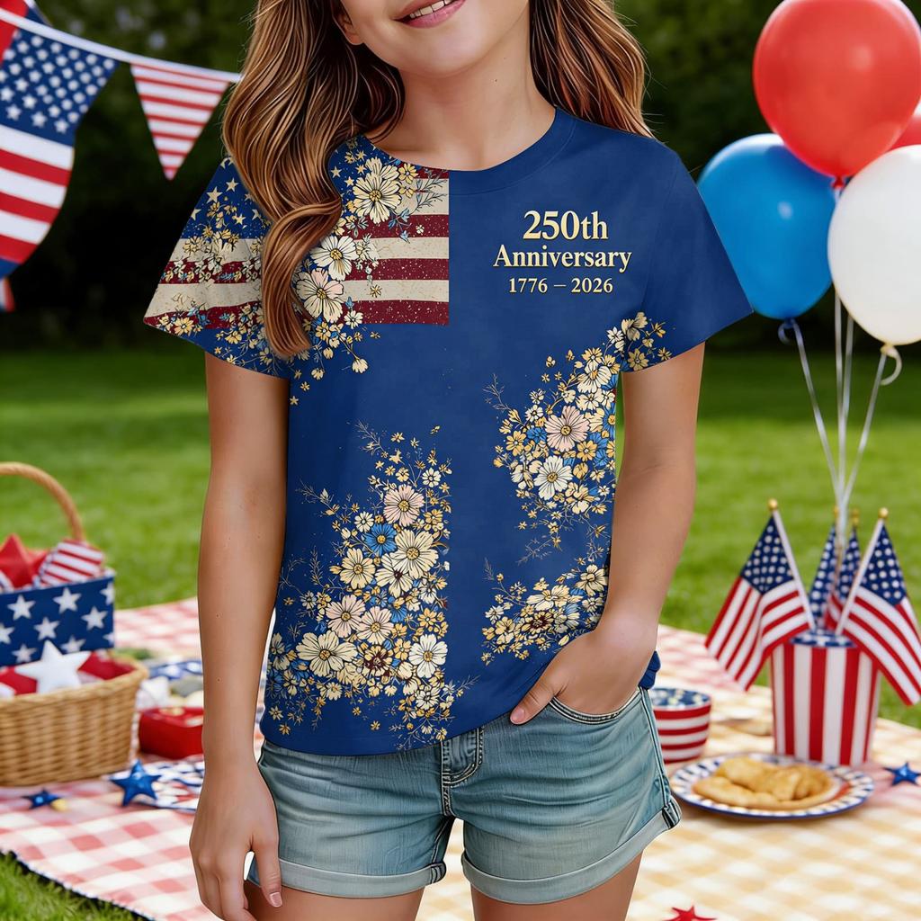 Kids Independence Day Print Round Neck Short Sleeve Casual T-shirt