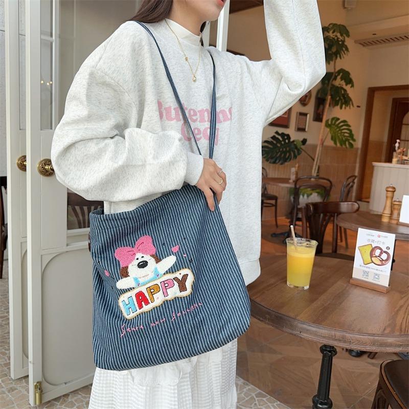 Literary Cute Puppy Cartoon Embroidered Striped Canvas Bag Student Shoulder Messenger Bag Female