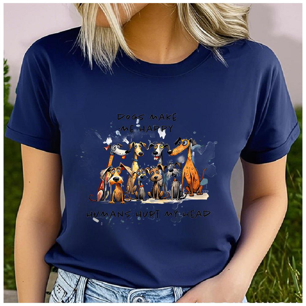 Unisex 100% Polyester Summer Top DOGS MAKE ME HAPPY Print Loose round Neck Short Sleeve Fashion for Lovers