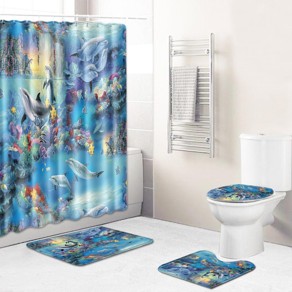 Undersea Landscape Bathroom Shower Curtain Floor Mat Toilet Cover Foot Pad Four-Piece Pattern Size Fixed Zhi