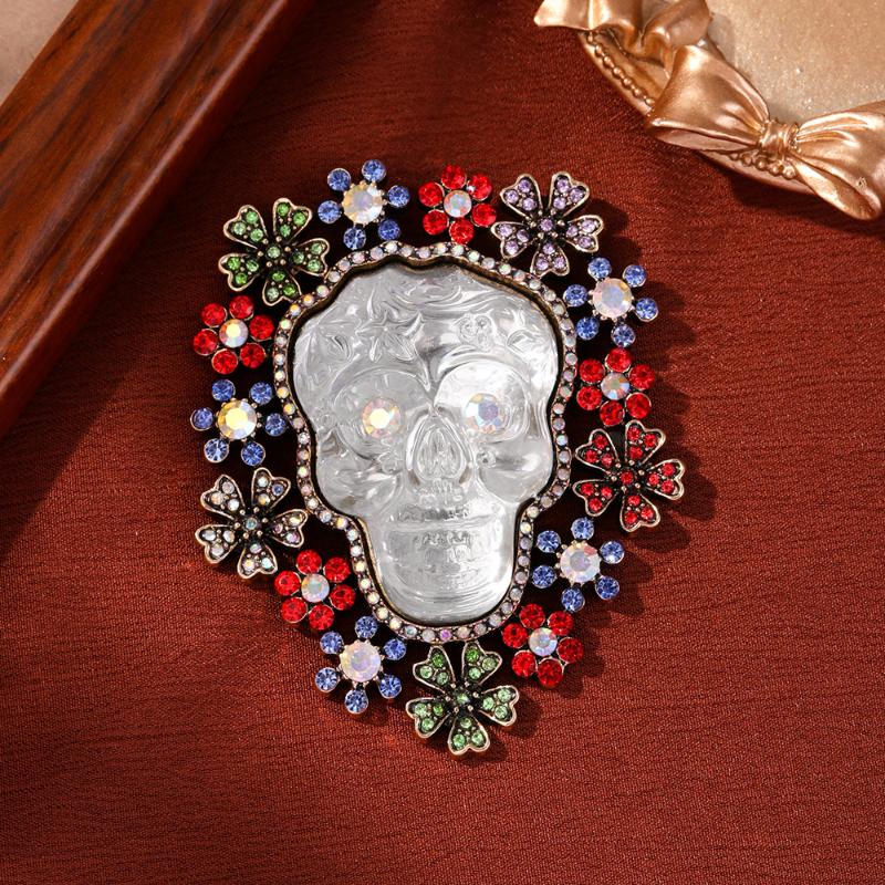 Luxury Big Heavy Flower Skull Brooch Jewelry Retro Ghost Witch Badge Pin For Coat Bag Decor Accessory Halloween Gift