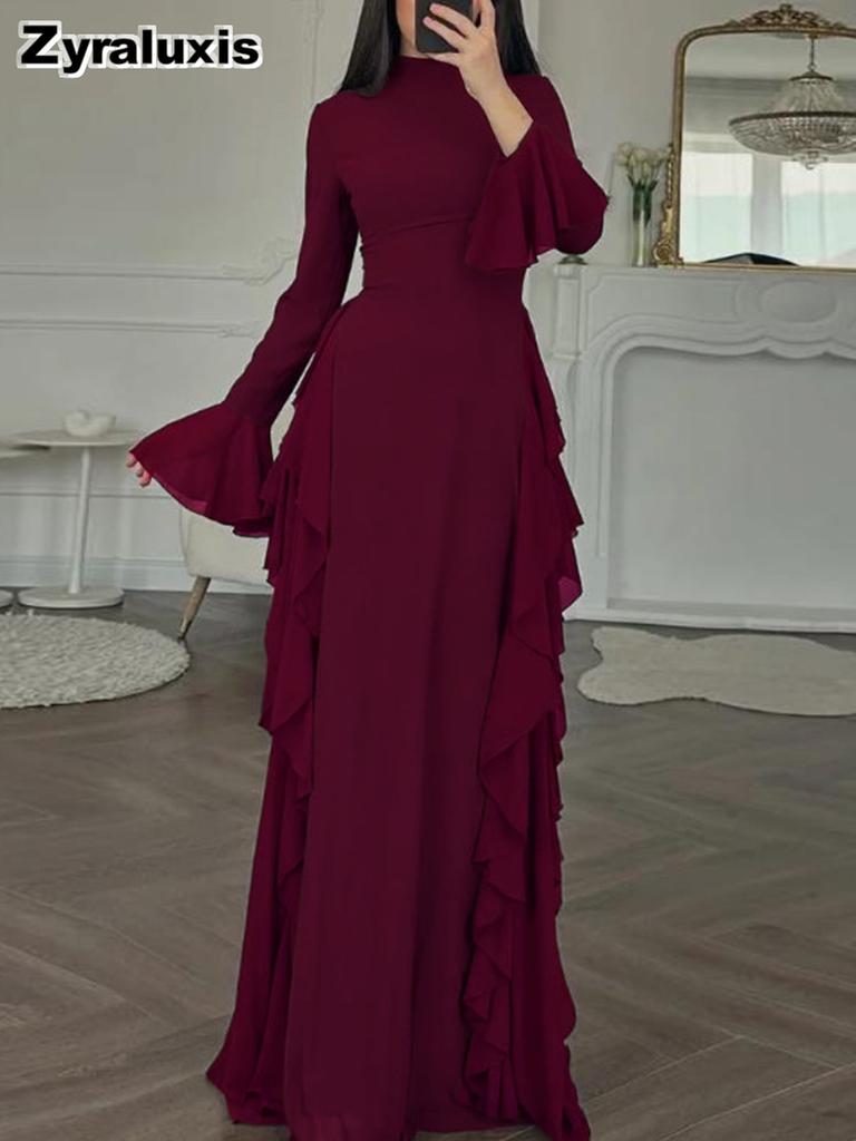 New Women's Elegant Casual High Waist Solid Color Bell Sleeve Dress