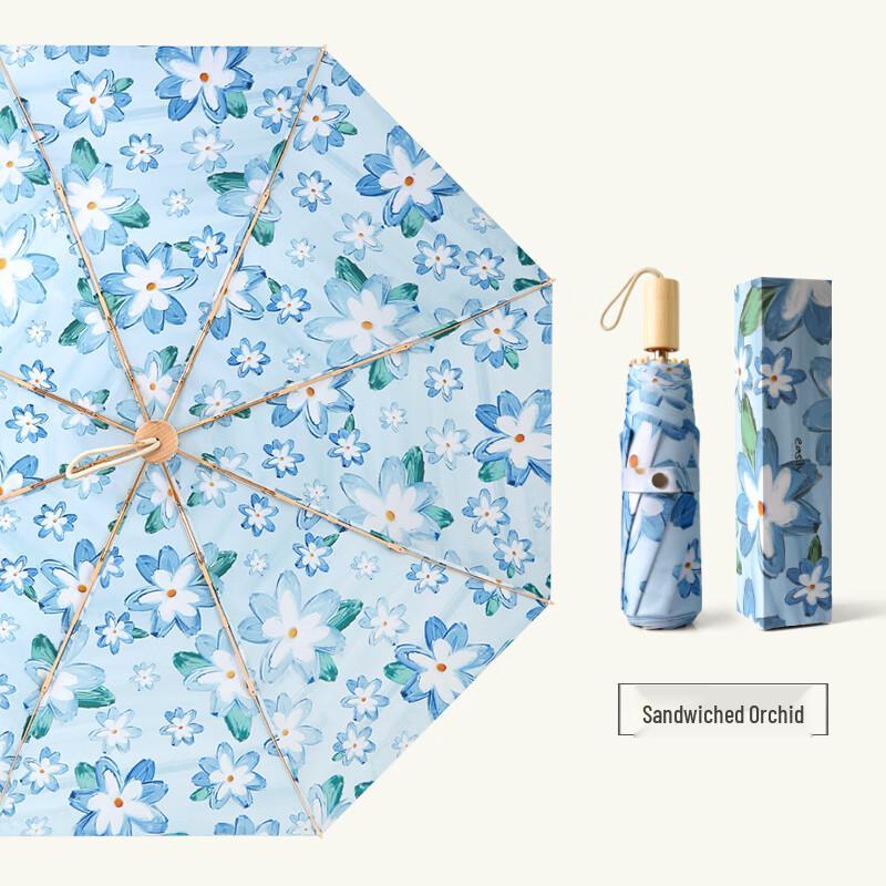 Easily Orchid Floral Wooden Handle Folding Umbrella