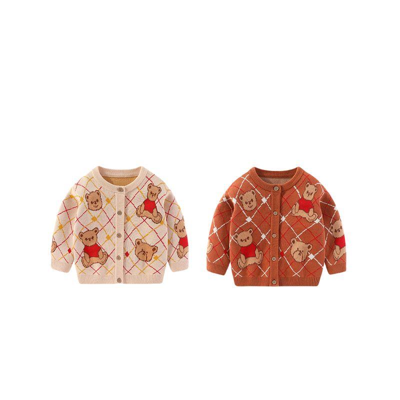 Autumn and Winter Kidsren's Bear Jacquard Cardigan Knitwear for Boys and Girls Plaid Knitwear Baby Round Neck Knitwear Jacket