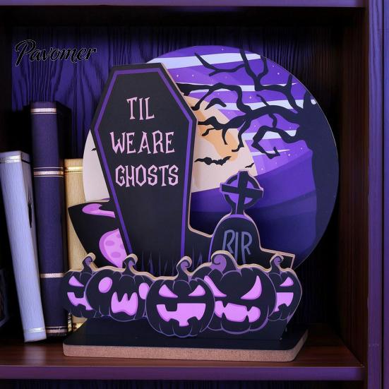 Indoor Festive Scene Layouts Halloween Table Centerpiece, Wooden Tombstone Pumpkin Tabletop Sign, Purple And Black Party Decor Spooky Cemetery