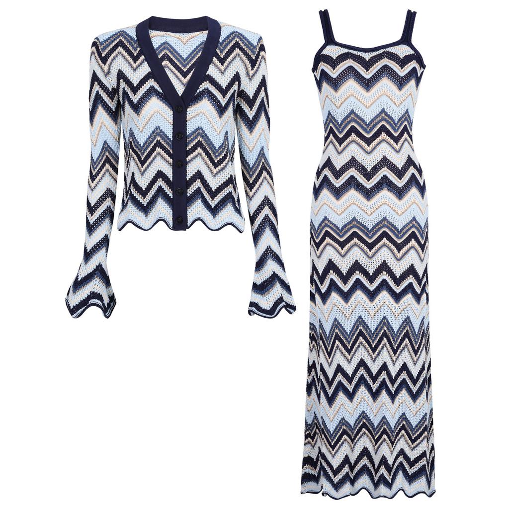 High quality spot summer and autumn new thin long-sleeved top knitted sweater jacket + sleeveless dress set 2598