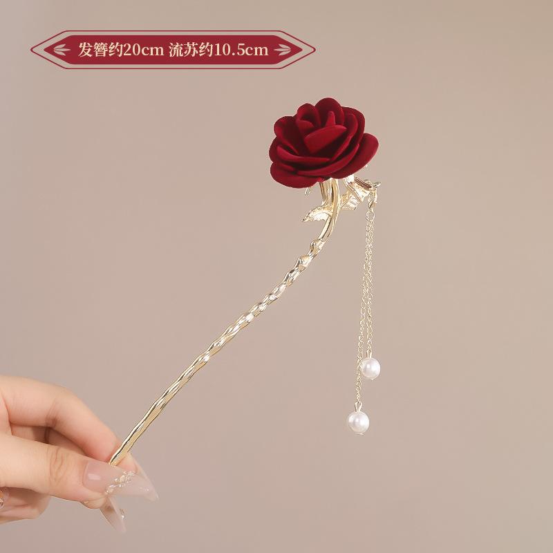 Vintage Chinese Style Rose Hairpin For Women Red Flower Element Tassel Hair Stick Elegant Exquisite Handmade Hair Accessories