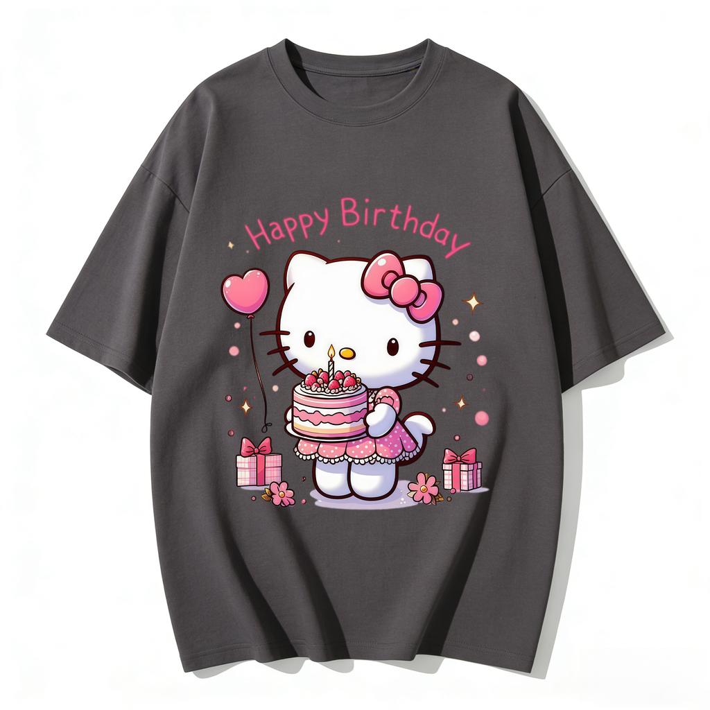 2026 New Hello Kitty Happy Birthday Cake Cartoon Print Tshirt Family Matching Outfits Casual Short Sleeve Tee for Women Unisex Kid