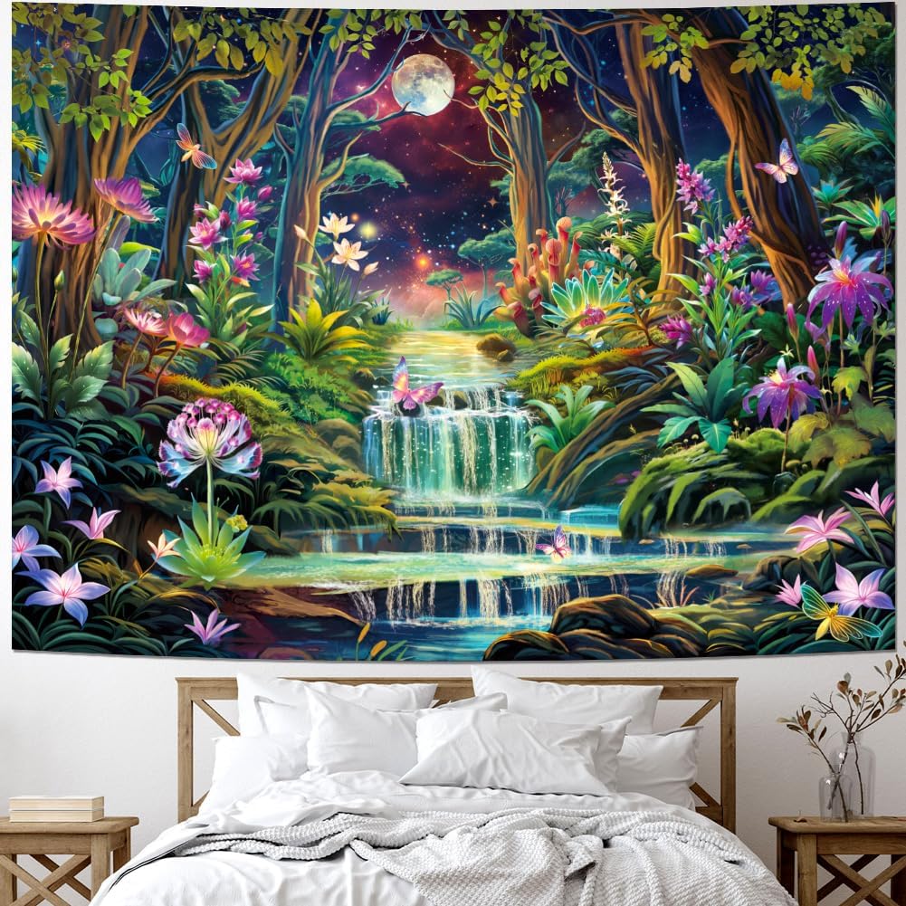 Leofanger Blacklight Fantasy Forest Tapestry Aesthetic Moon Tapestry UV Reactive Neon Galaxy Space Wall Tapestries Trippy Plant Floral Tapestries