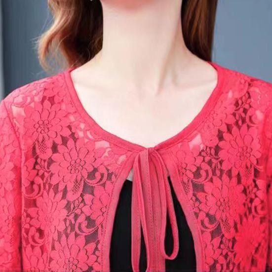 Cappotto da Donna Autunno Primavera Allacciato Ricamo Floreale Tinta Unita Scialle Maniche a Tre Quarti Largo Traforato Pizzo Girocollo Tipo Corto Protezione Solare