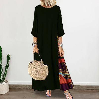 Women Summer Dress Retro Print Patchwork Round Neck Matching Three Quarter Sleeves A-line Big Hem Lady