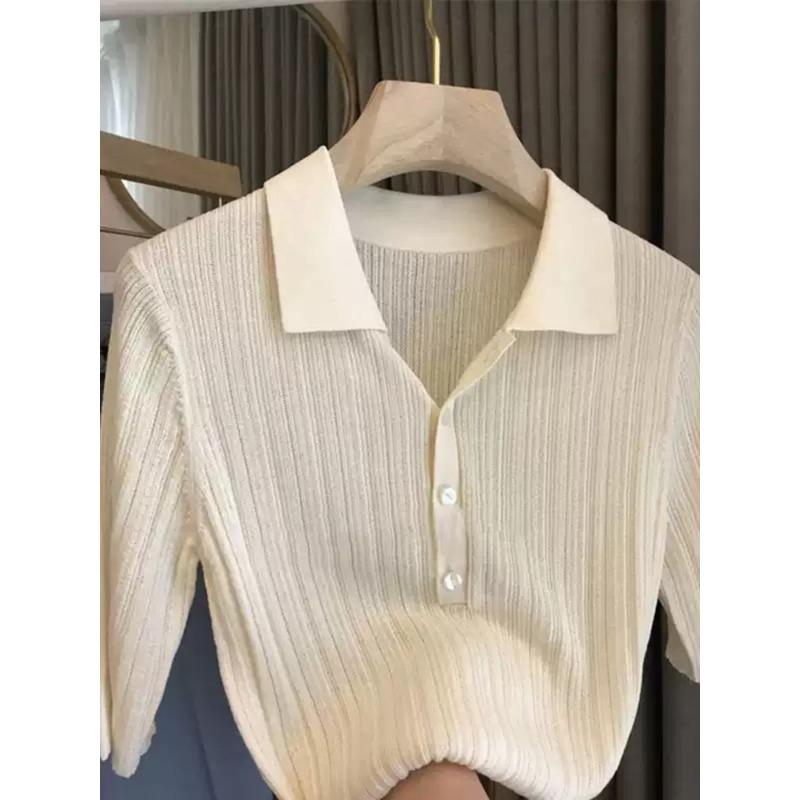 Damen Grau Geripptes Strick-Poloshirt Kurzarm Figurbetont Lässig Bluse