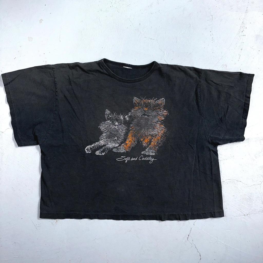 Cats Soft and Cuddly 1970s Boxy VTG T Shirt 70s Perfect Black Fade Boxy Animals