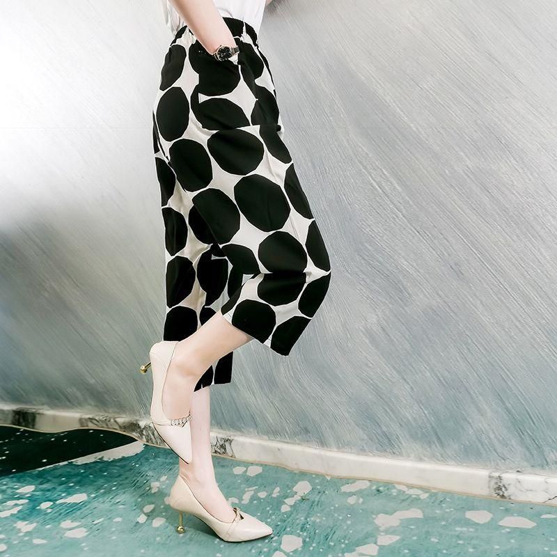 Summer Cotton Silk Polka Dot Slimming Over-the-Knee Pants