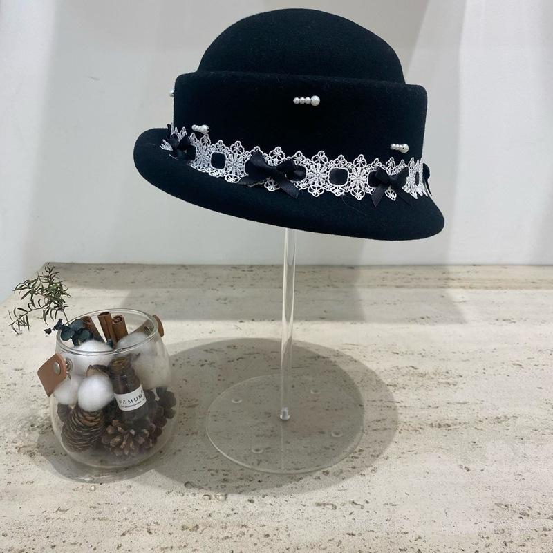 French Elegant Lace Bow Wool Beret Women'S Autumn And Winter Hepburn Style Retro Crimping Basin Hat Thousand Gold Top Hat