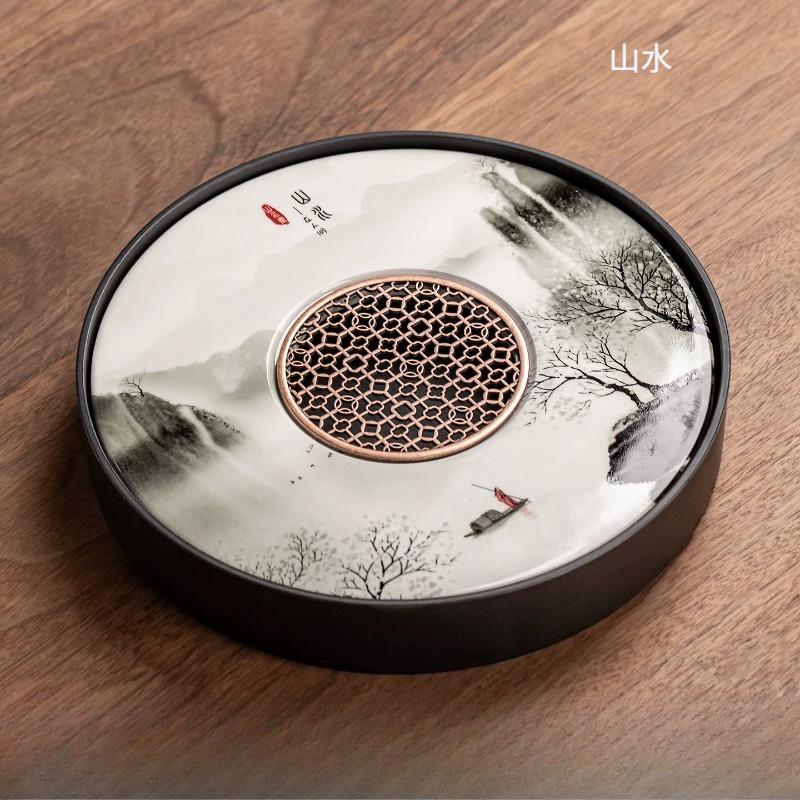 Round Tea Tray Chinese Style Tea Tray for Household Drainage and Water Storage Teapot Tray Office and Household Small Tea Table 25x4.5cm 1000ml
