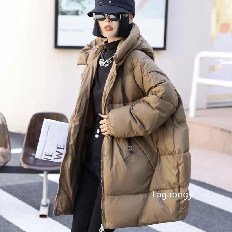 Lagabogy Mid-length Puffer Coat Casual Winter Women Loose Thick White Duck Down Jacket Female Solid Windproof Hooded Parkas