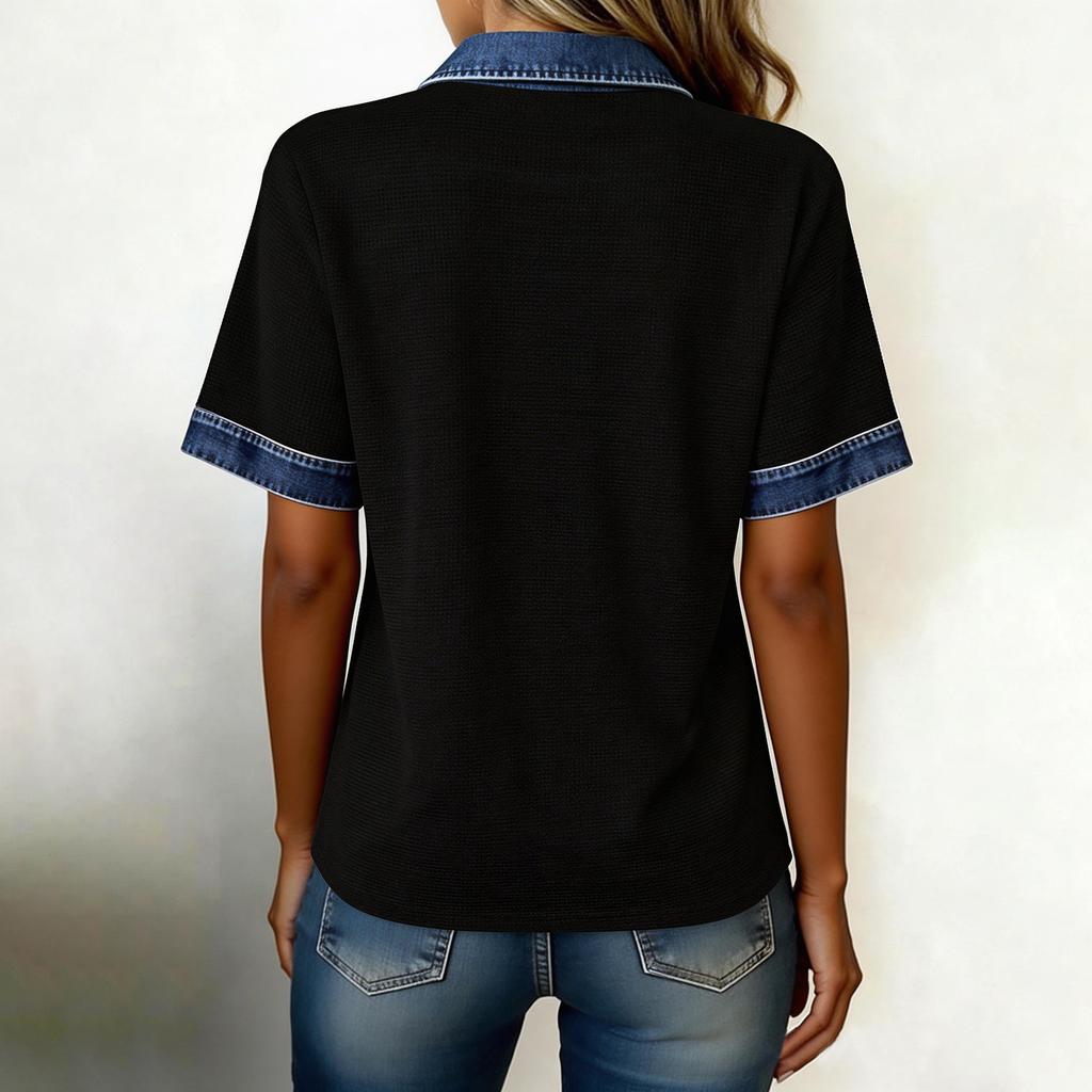 Modisches Neues Damen-Pullover-T-Shirt mit Kragen und Knöpfen, , Elegante Gewaschene Denim-Patchwork-Strickware, Zweiteiliger Look-Top