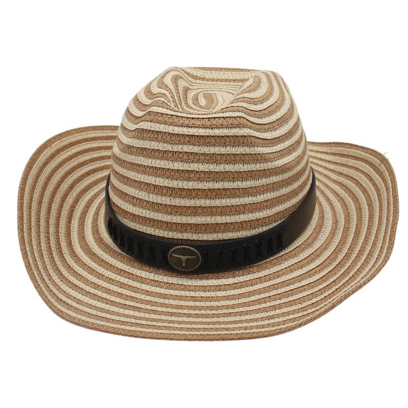 

British Versatile Hat Summer Men And Women Travel Vacation Beach Hat Upturned Edge Big Edge Jazz Straw Hat one-size-fits-all straw hat [one-line stripes]