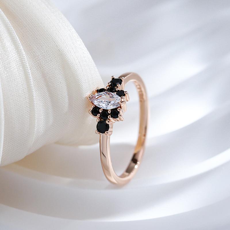 Unique Black With White Natural Zircon Ring For Women  Rose Gold Color Vintage Wedding High Quality Fine Daily Jewelry