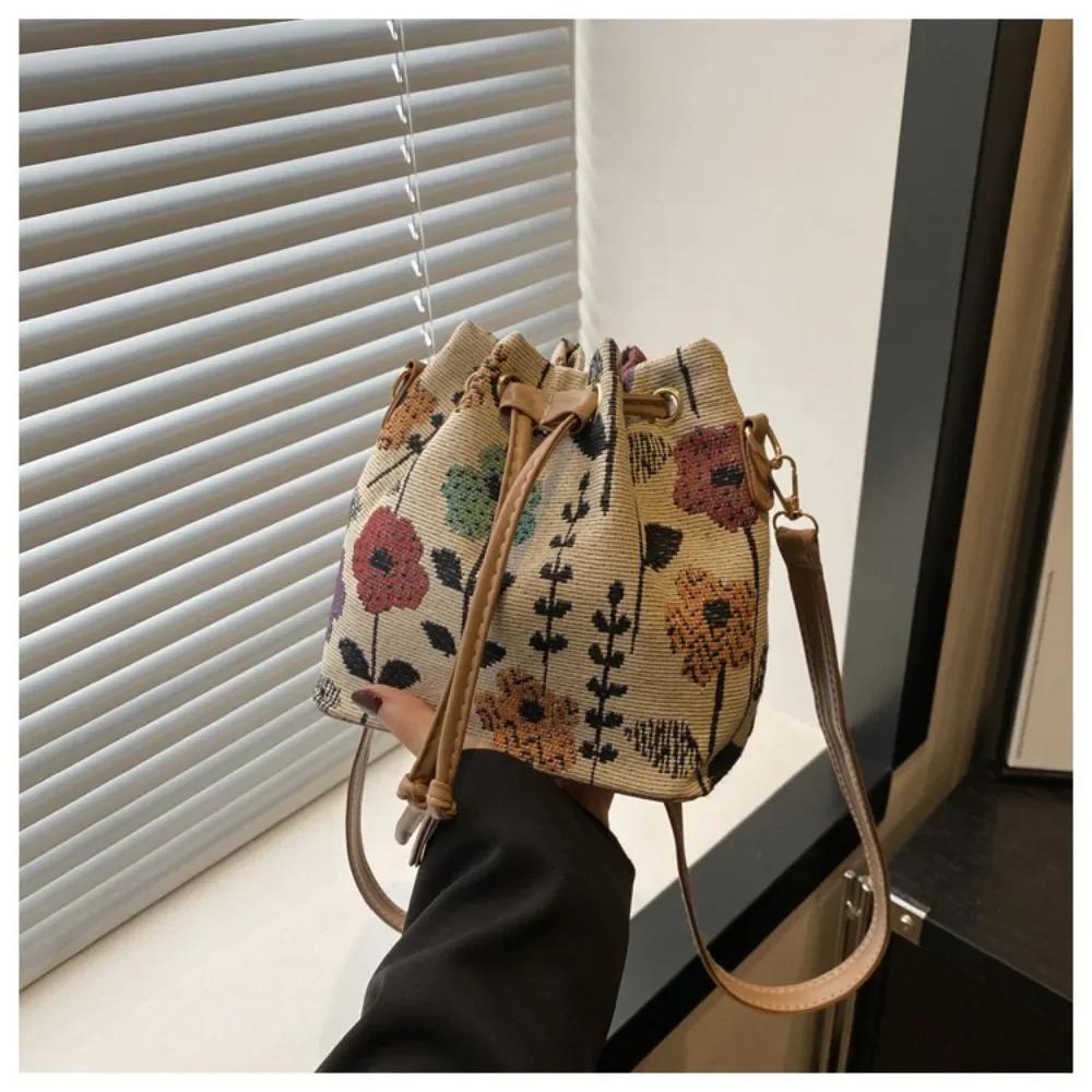 Vintage Ethnic Style Fashion New Women's Bags Crossbody Bucket Bag Handbag Casual Simple Elegant Pattern Drawstring Versatile