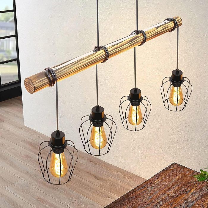 Retro Chandelier - Made of Wood, 4 E27 Sockets, Adjustable Height, Black Metal Base, Ideal for a Dining Table or a Bar Counter