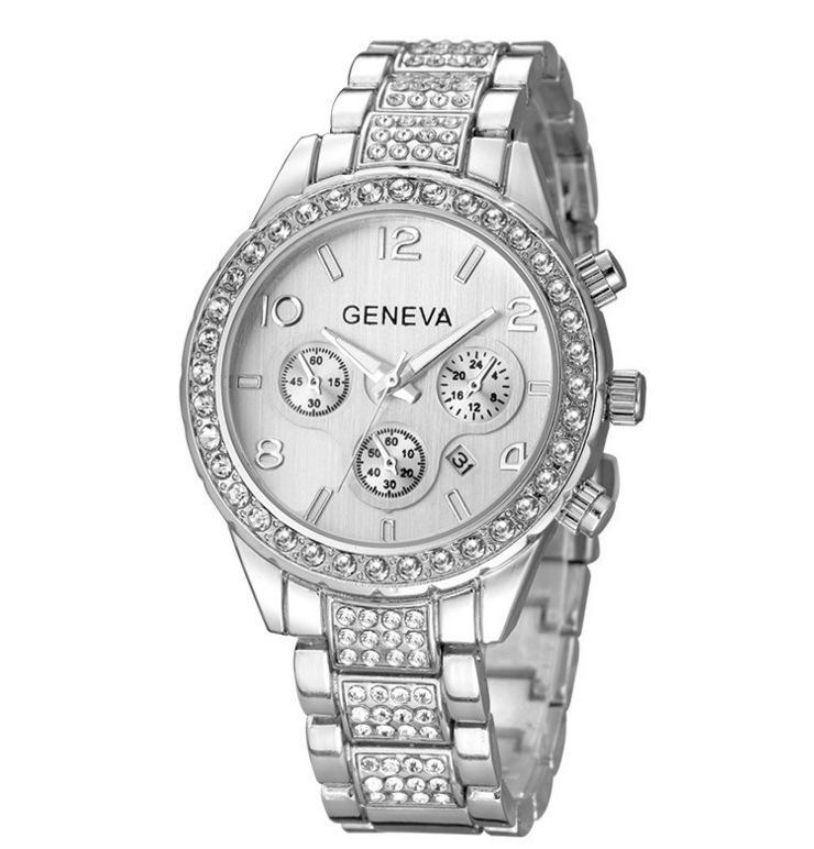 Geneva Diamond-Studded Steel Band Women's Fashion Watch - Elegant Three-Eye Design