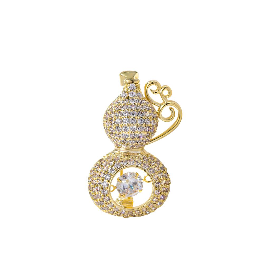 Guochao Exquisite Auspicious Gourd Brooch Slightly Inlaid Zircon Corsage Jacket Pin Direct Supply