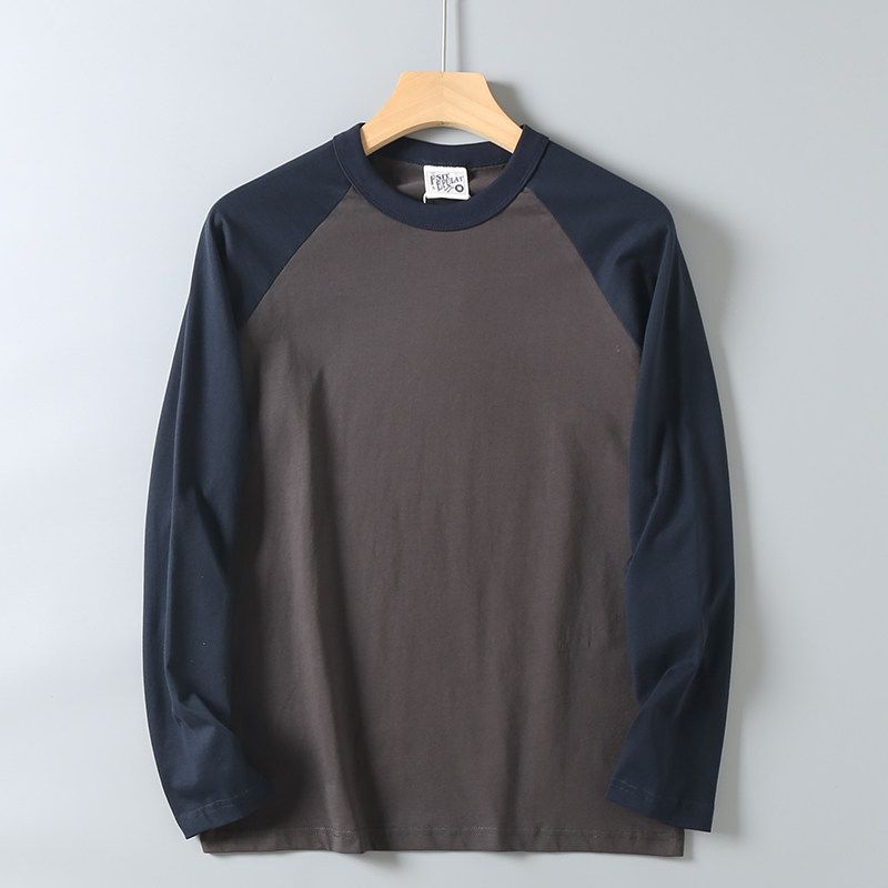 Men's Autumn Round Neck Raglan Long Sleeve T-Shirt, Casual Color-Blocking Pure Cotton Base Shirt, Trendy