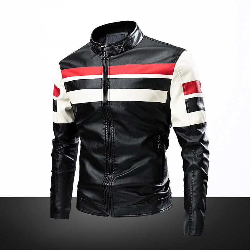 Men's Leather Jacket New Autumn and Winter Stitching Handsome Motorcycle Leather Jacket Large Size Leather Jacket Fat Men's Clothing