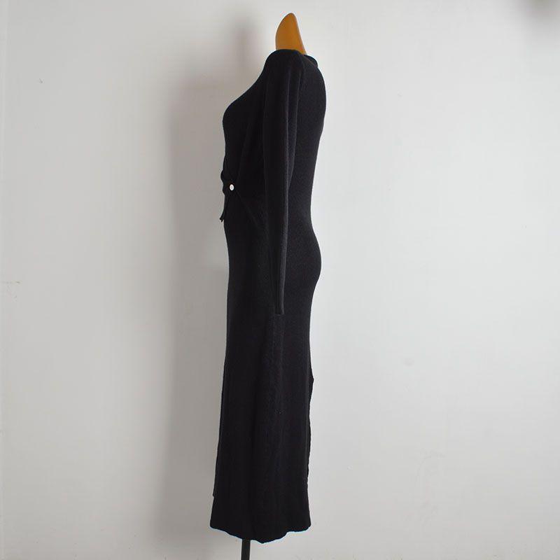 French Style New Arrival Solid Color Polo Collar Deep V Cross Waist One Button Knitting Dress Women's Spring & Fall Split Dress