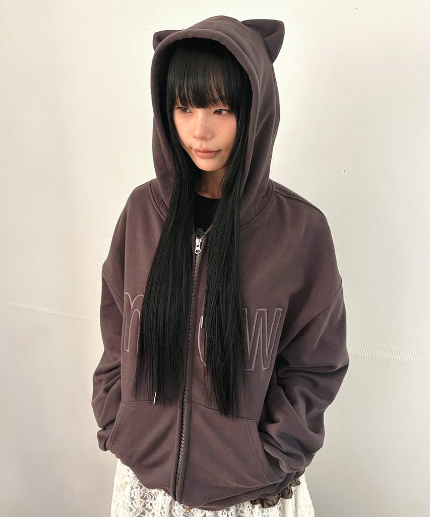 Itzavibe Meow Cat Ear Hoodie Zip Up - Charcoal