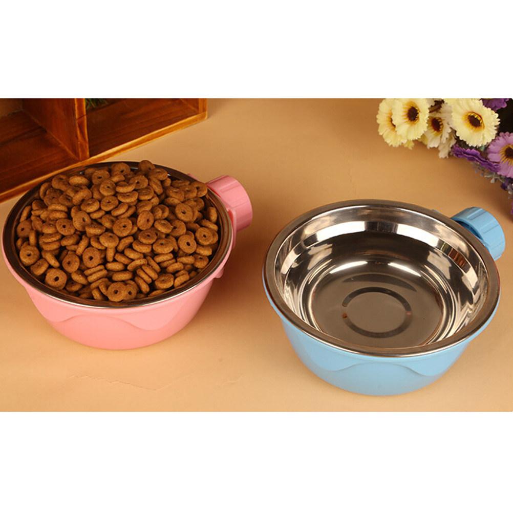 Pet Hanging Bowl Stainless Steel Dog Cat Cage Two-Layer Detachable Pink Stationary Bowl Economical Pet Supplies