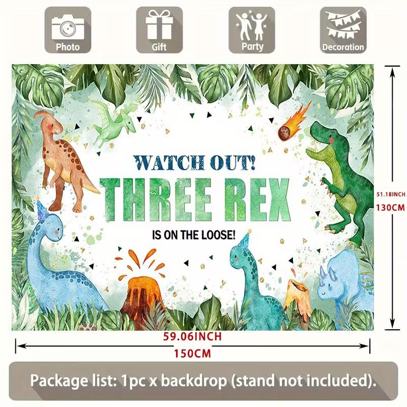 2D Flat Watercolor Jungle Dinosaur Backdrop for Boy's Third Birthday Decoration