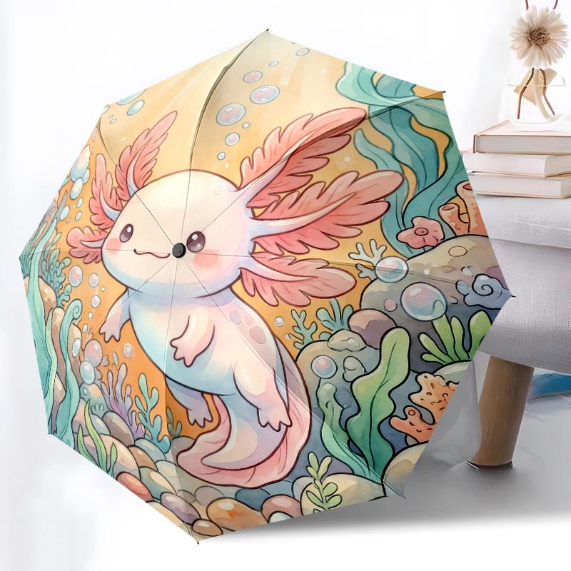 1pc Sturdy 8-Bone Auto Umbrella, Charming Axolotl Adorable Bloom Umbrella, Digital Printed, Foldable Umbrella for On-the-Go Outdoor Use