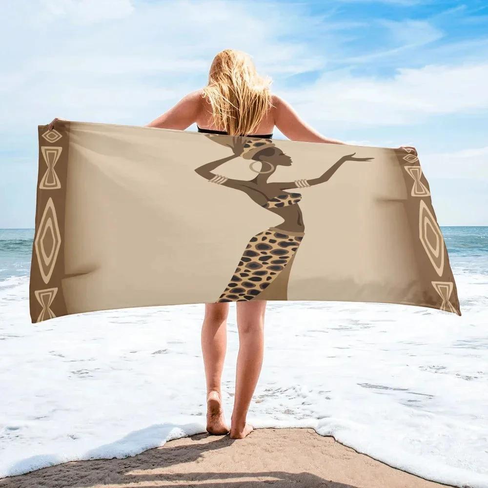 African Woman Beach Towel Bathroom Quick Dry Desert Geometric Sunblock Artworks Exotic Adult Towel for Yoga Camping Gym Hotel
