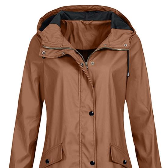 Women Autumn Winter Solid Color Rain Jacket Hooded Long Sleeve Buttons Zipper Placket Pockets Design Windproof Long Coat
